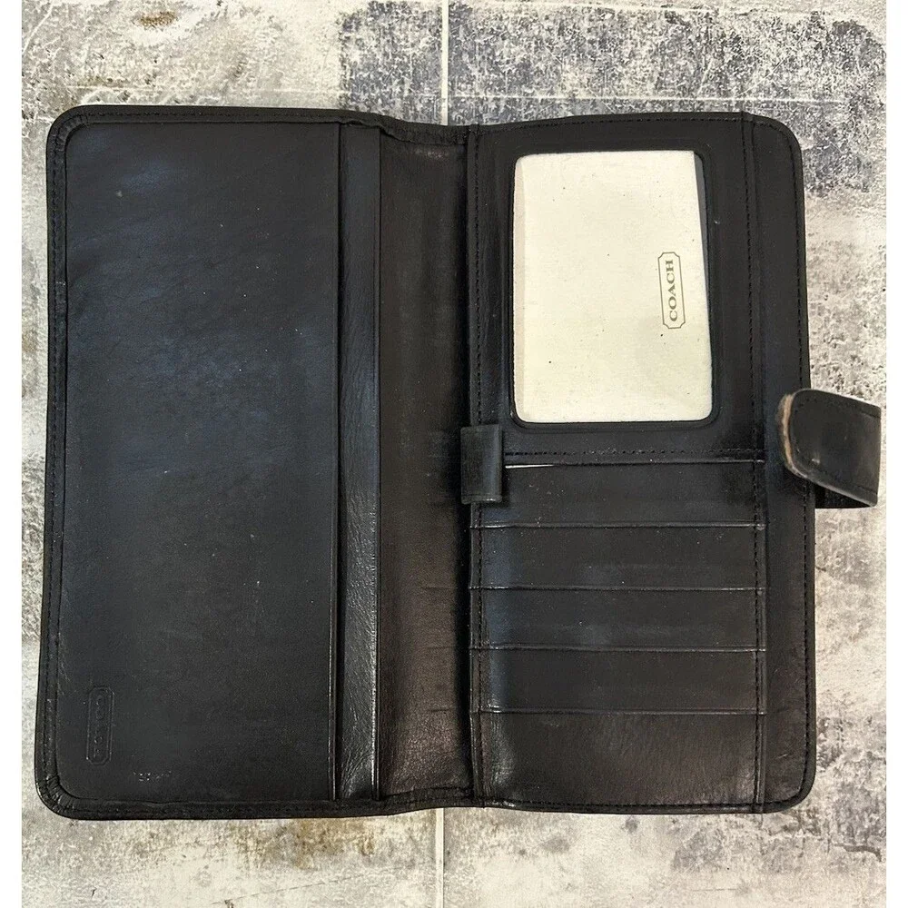 Vintage Coach Black Leather Continental Bifold Wallet KISS-lock Coin Pouch